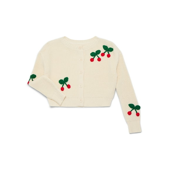 Wonder Nation Girls Cotton Cardigan Sweater with Cherry Appliques, Sizes 4-18 & Plus