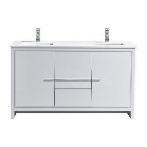 Kubebath 60″ Double Sink High Gloss White Modern Bathroom Vanity with White Quartz