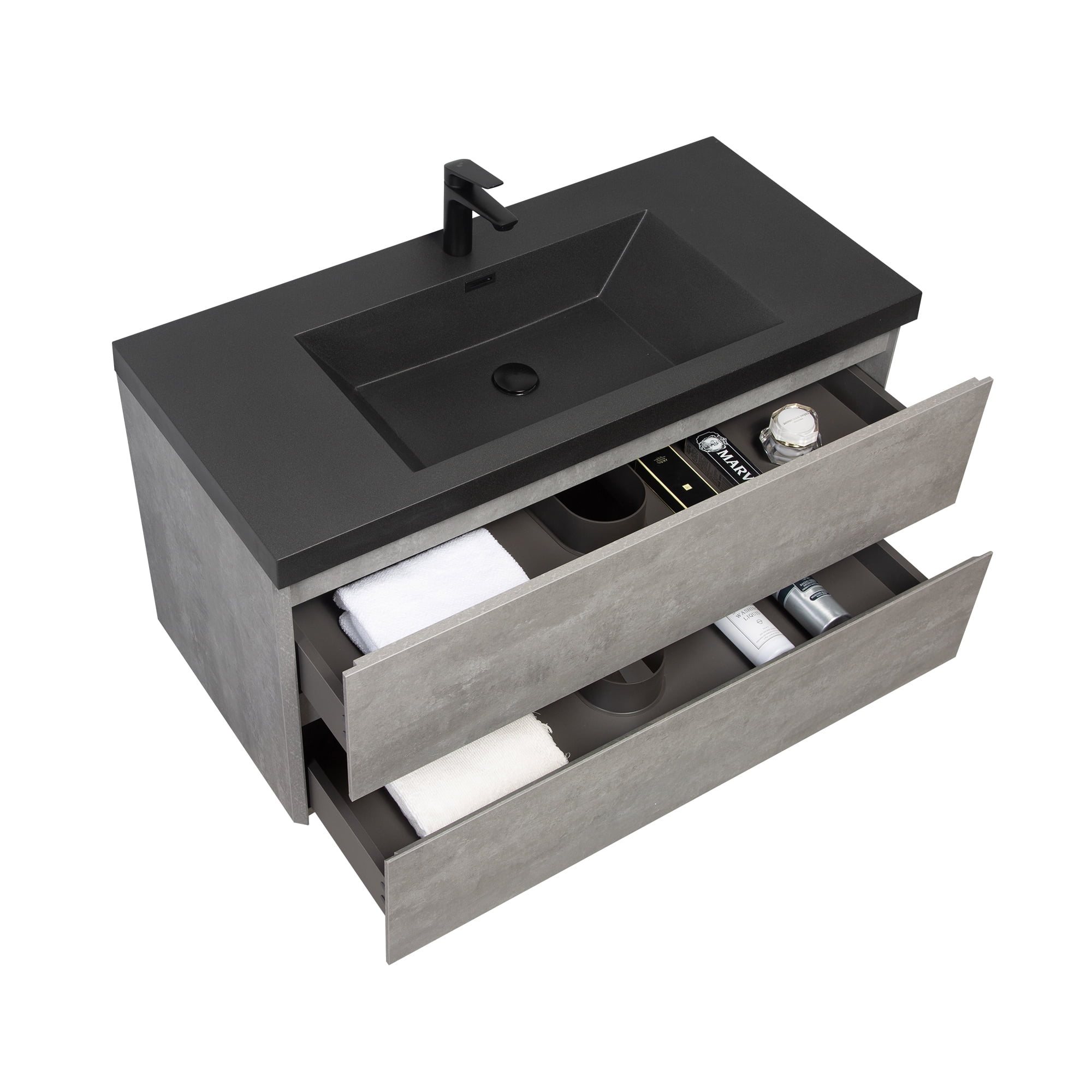 Demi Bonn 41" Floating Bathroom Vanity with Sink, Black Quartz Sand Top Basin and 2 Soft Close Drawers, Faucets and Drains Not Included, Gray