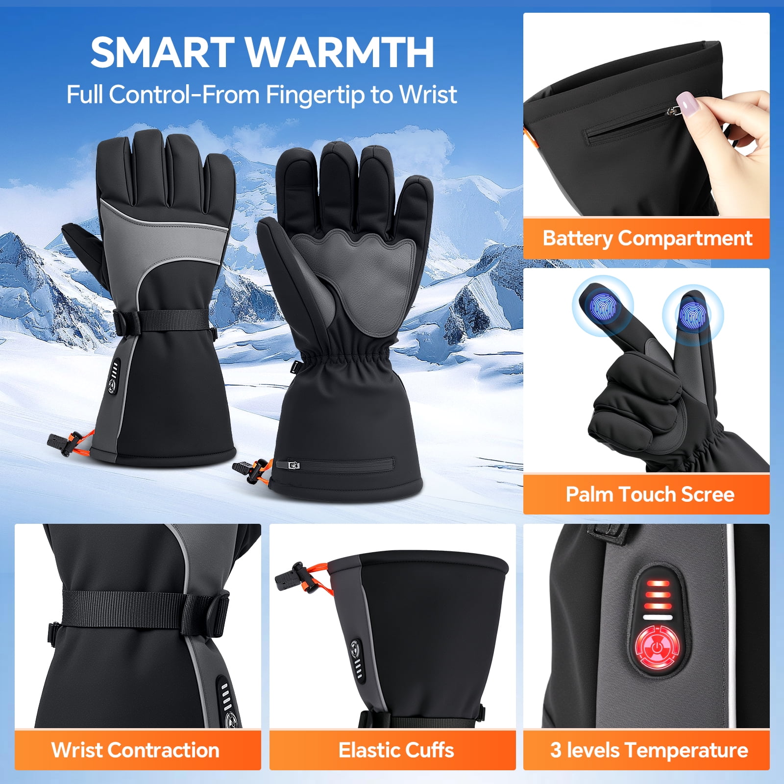 Rechargeable Heated Gloves for Men Women - 7.4V Battery Heated Ski Gloves with Touchscreen & Waterproof Design, 3 Heat Levels, Long-Lasting Winter Warm Mittens for Skiing, Hunting, Motorcycle,Large