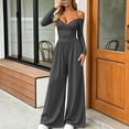 thumbnail image 7 of Iyufng Women's Off The Shoulder Strap Wrap V‑Neck Long Sleeve High Waist Casual Wide Leg Jumpsuits, 7 of 7