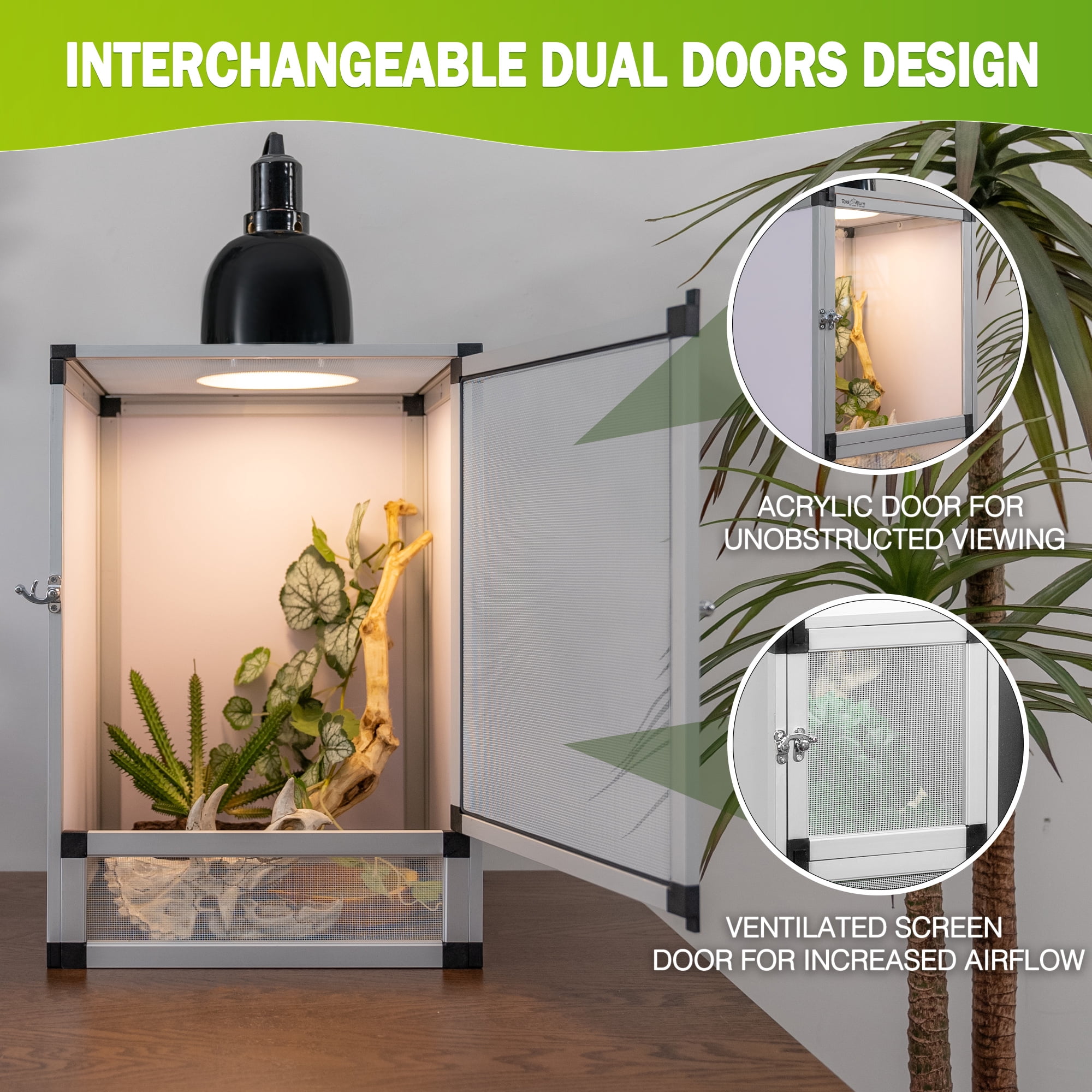 Toxirium 18x18x36 inch Hybrid PVC Reptile Terrarium with Interchangeable Acrylic and Mesh Doors for Geckos, Chameleons and Tree Frogs