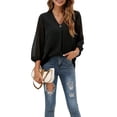 thumbnail image 3 of hirigin Women's Spring Autumn Jacquard Shirt 3/4 Sleeve V Neck Patchwork Chiffon Blouses, 3 of 6