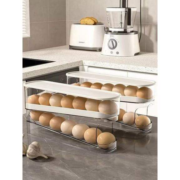 Automatic Rolling 2 Tier Eggs Holder 11.92”D X 3.34” W X 5.59” H Stackable Fridge Organisers, Clear Plastic Egg Dispenser With Lid Egg Storage For Refrigerator, & Kitchen Countertop