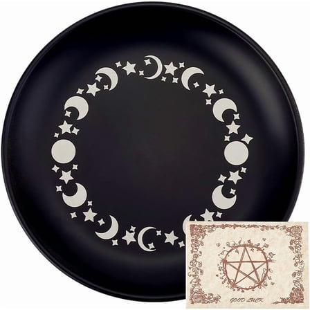 Phase Moon Star Offering Bowl Ritual Plate Dish Stainless Steel Flat Bowl Round Jewelry Tray Prayer Tarot Plate Black Ring Holder Trinket with Card for Smudging Decoration 5.55Inch diy