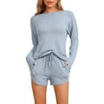 thumbnail image 1 of Conjunto de pijamas para mujeres INSPIRE CHIC de manga larga, con cintura elástica, parte superior y pantalones cortos, conjunto de ropa de casa con bolsillos, azul L, 1 of 6