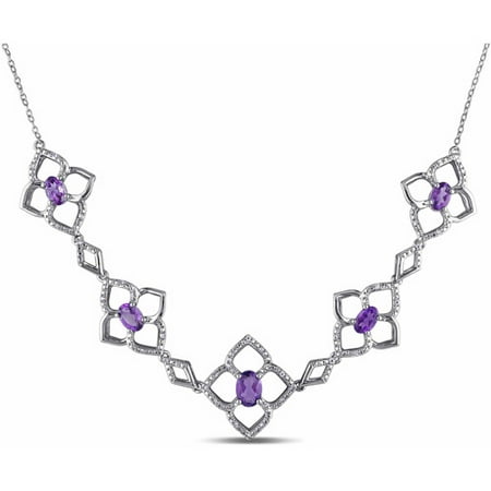 2-1/2 Carat T.G.W. Amethyst and 1/6 Carat T.W. Diamond Sterling Silver Flower Necklace, 17