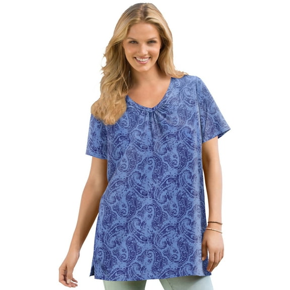 Woman Within Plus Size Perfect Printed Short-Sleeve Shirred V-Neck Tunic
