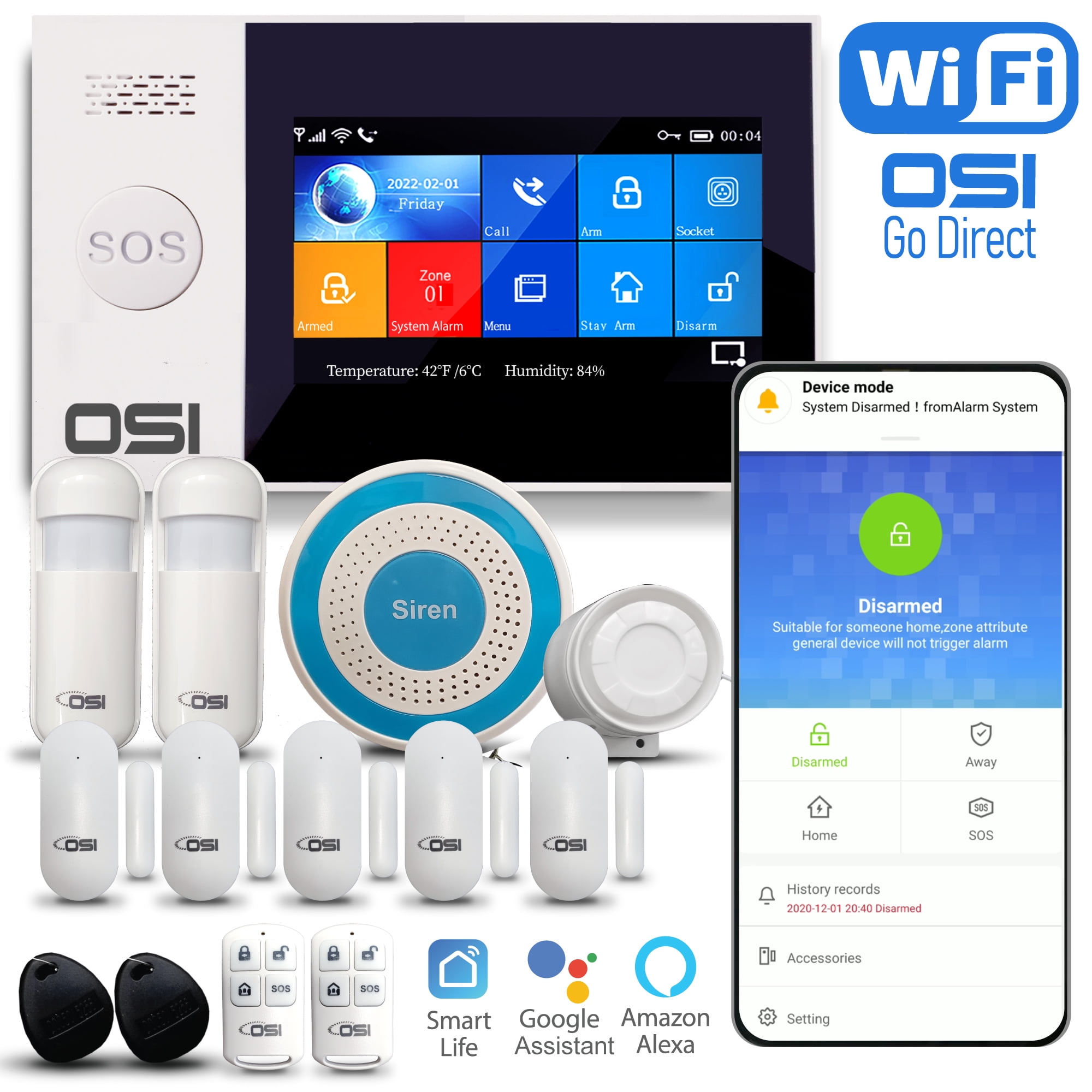 OSI 4G Smart Home WiFi Alarm System Siren, Contact & Motion Sensor
