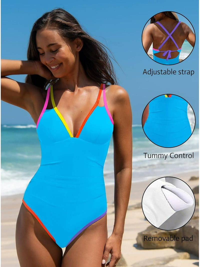 Women's One Piece Swimsuit - Tummy Control, Color Block, Slimming Ribbed Design 1 thumbnail image