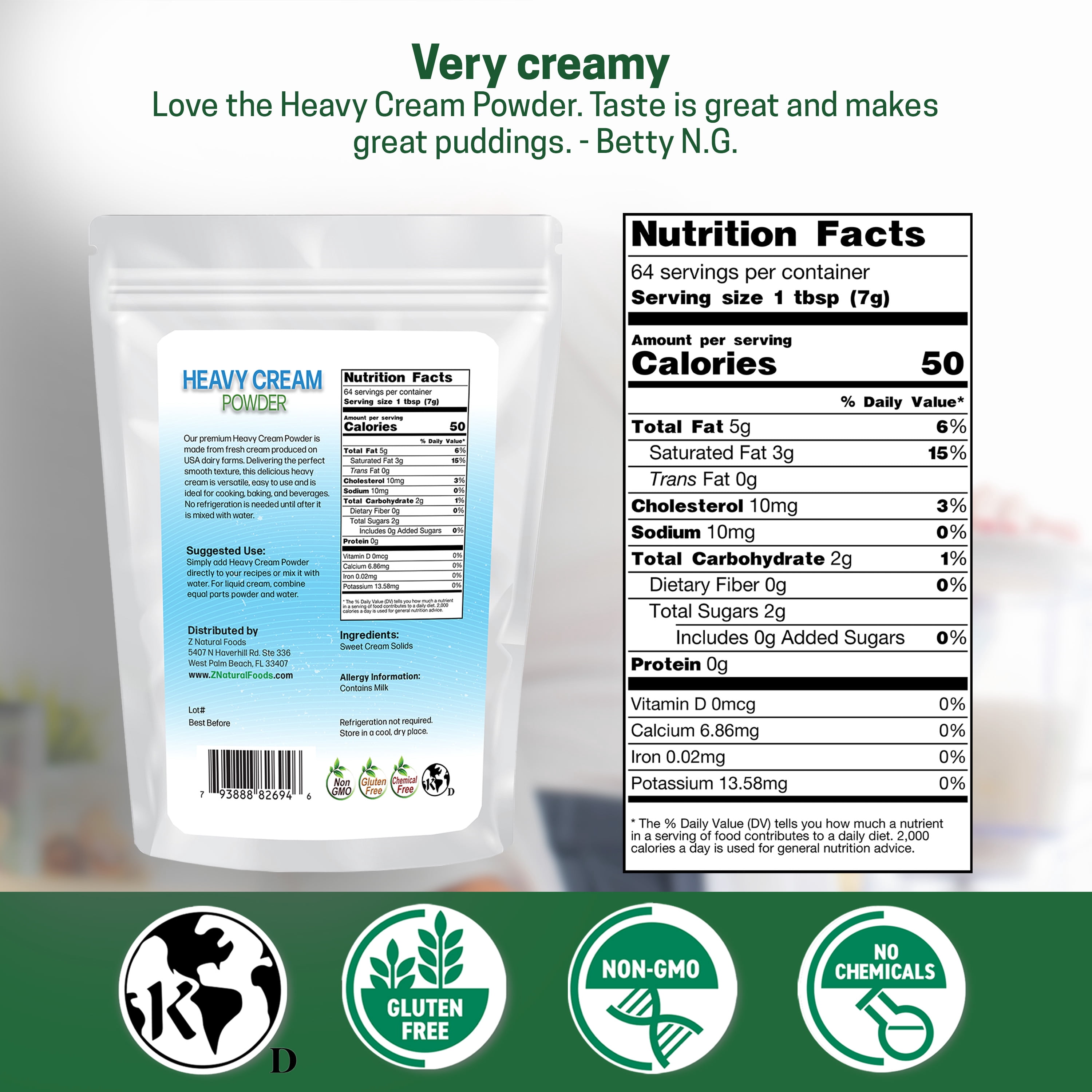 Z Natural Foods Heavy Cream Powder - Nutrient-Dense, Delicious Powdered Cream with 1-Year Shelf Life - Easy to Use & Perfect for Coffee, Baking & Recipes, Keto-Friendly, Gluten-Free, 1 lb