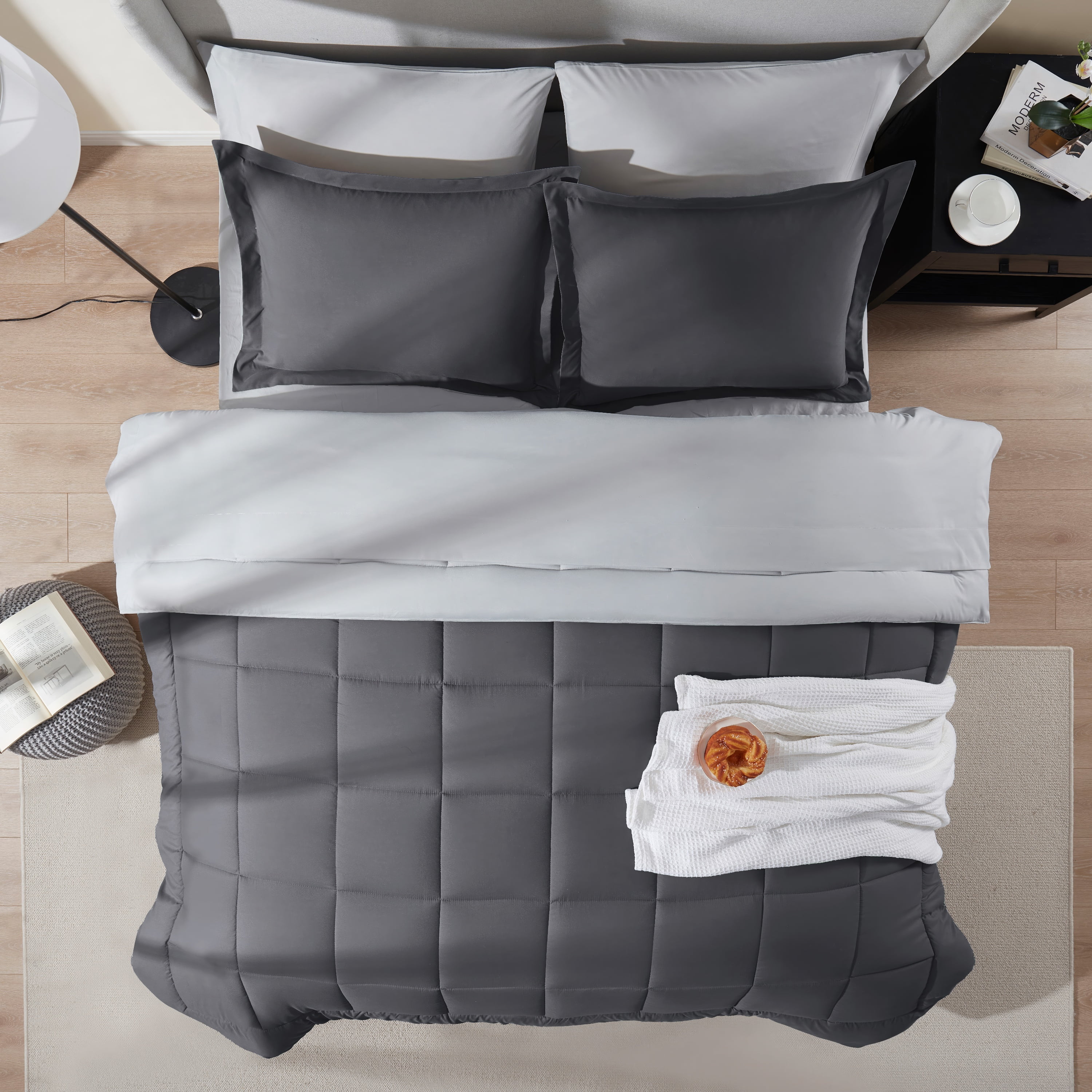 LammaLoe Full-Size Comforter Set, With Sheets, Reversible Bed In A Bag 7 Piece, Bedding Set, Dark Grey