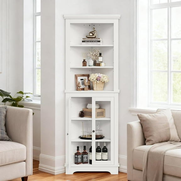 Corner Storage Cabinet, 65" Tall Freestanding Bookcase with Glass Doors & Adjustable Shelves, Farmhouse 5 Tier Corner Display Cabinet for Living Room, Bathroom