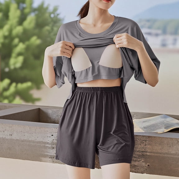 Goodtrade8 2 Piece Pajama Set Pads Casual Sleepwear Crew Neck Short Sleeve Solid Color Womens Pajamas