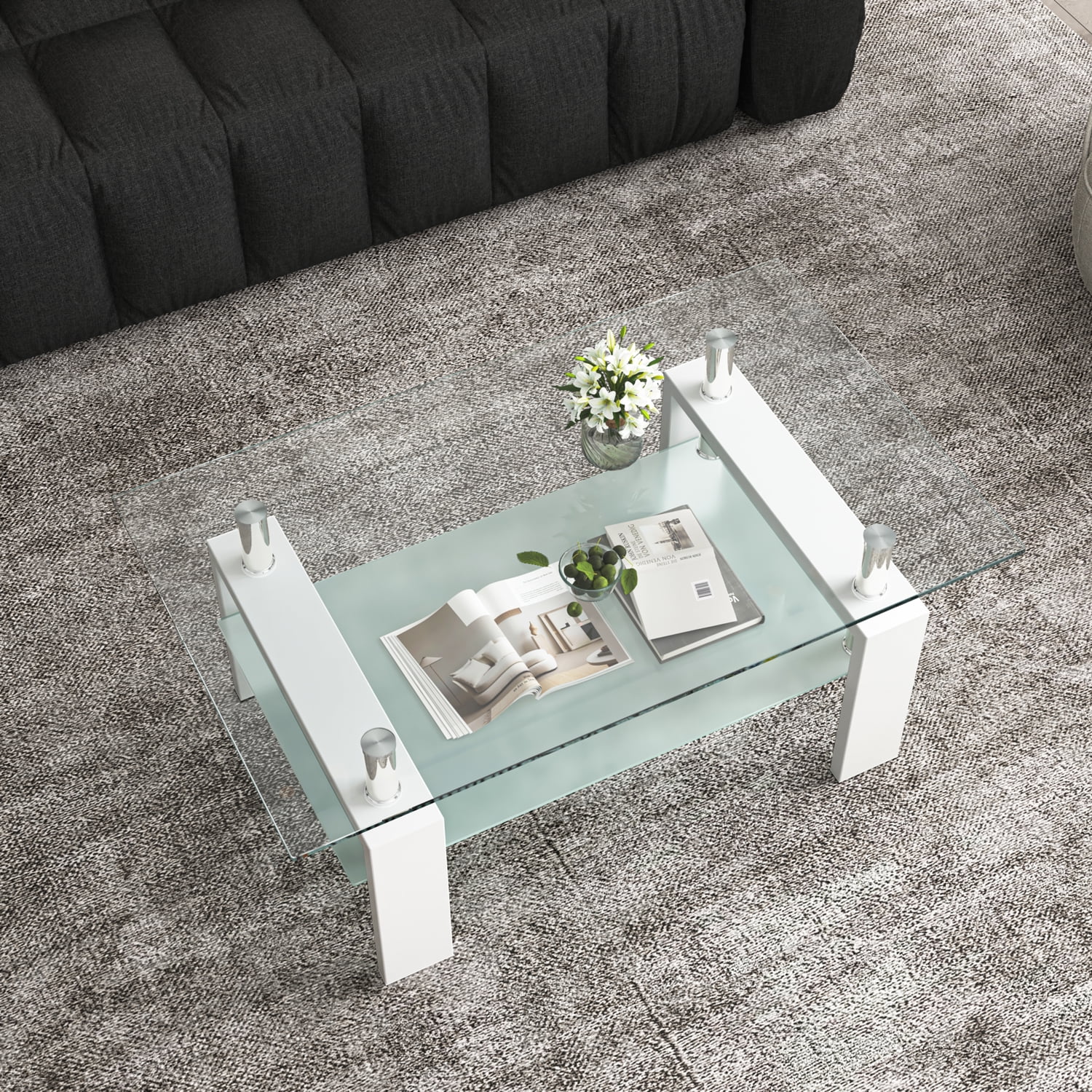 Resenkos Industrial Living Room Table with Open Storage and White Wood Legs, Clear Glass Coffee Table Sofa Tables for Home Office Resenkos Industrial Living Room Table with Open Storage and White Wood Legs, Clear Glass Coffee Table Sofa Tables for Home Office