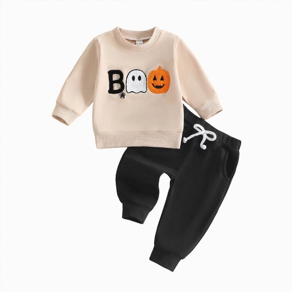 NOLDARES Toddler Baby Boy Fall Clothes Embroidery outfit Long Sleeve Top Jogger Pant Set(T246-Khaki)