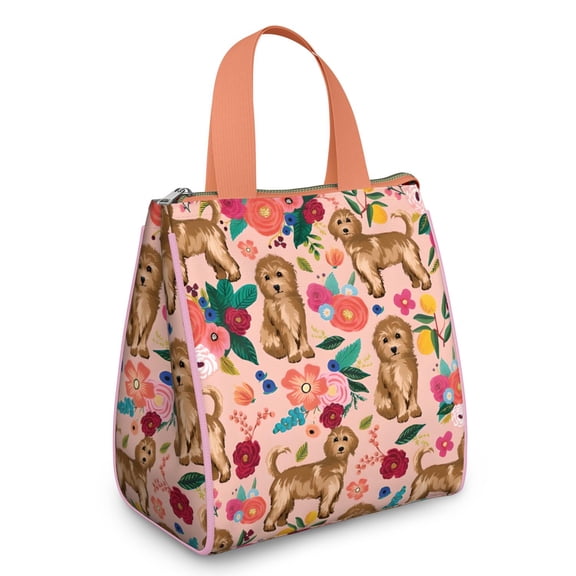 Dogs with Flowers Insulated Lunch Bag for Women & Adults,Large Portable Soft Cooler Lunch Bag,Thermal Food Storage Tote with Pearl Cotton,8.66L,8.75x5.75x9.5 Inch