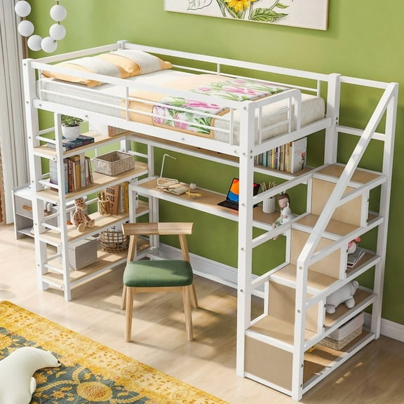 White Twin Size Metal Loft Bed with Staircase, Built-in Desk and Storage Shelves for Space-Saving Bedroom