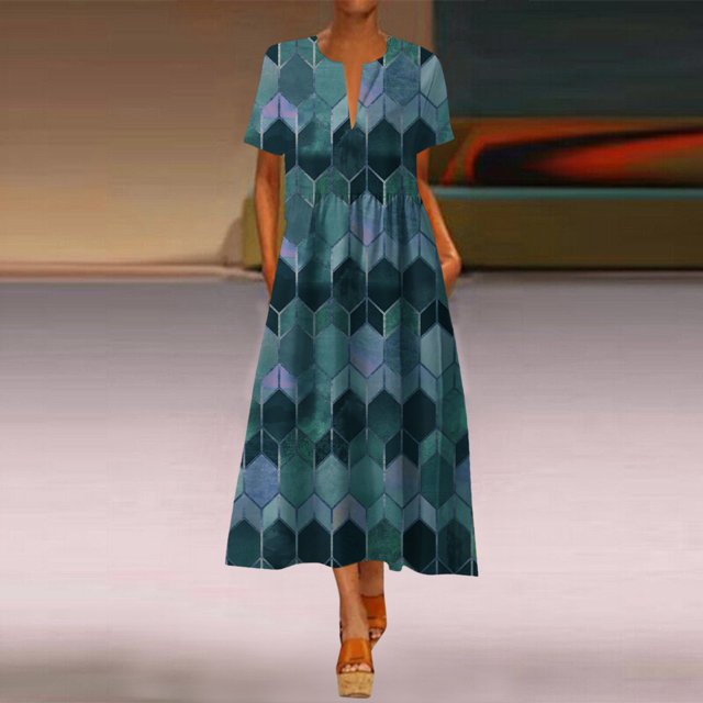Robes Femmes Grande Taille Imprimé Quotidien Décontracté Manches Courtes Vintage Bohème Col en V Robe en Solde