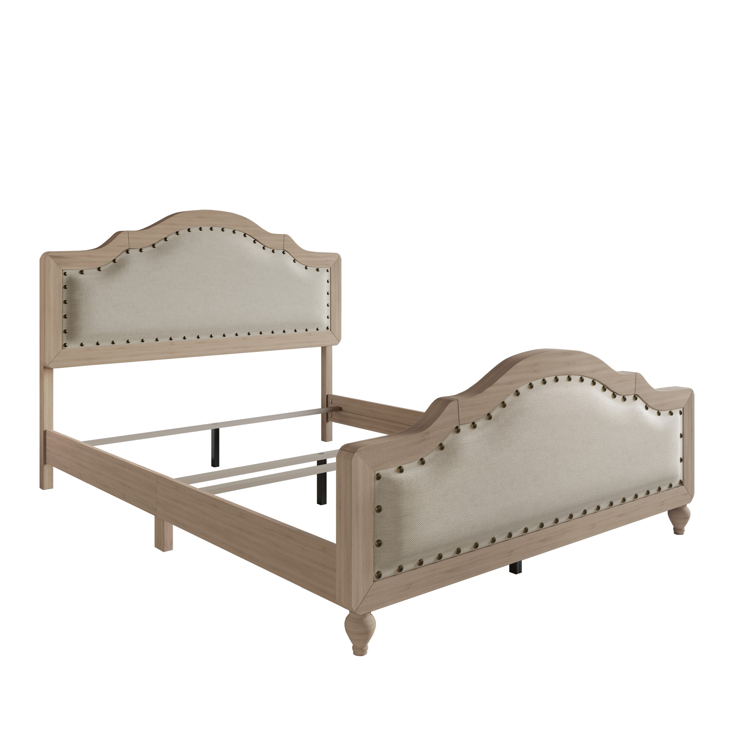Home Design Hilton Queen Platform Bed Frame with Foam-Padded Headboard and Nailhead Trim, Antique Gray/Warm Gray, Easy Assembly