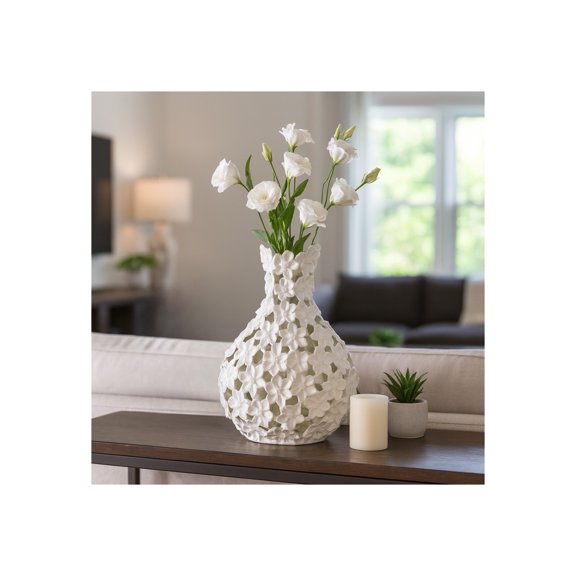 Cut Out Flower Metal Vase for Living Room and Home Decor - Decorative Flower Vase for Shelf Accent, Bedroom, and Office Display - Elegant House Accent and Console Table Styling - 15", Ivory