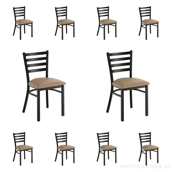(10 PACK) Black Ladder Back Metal Restaurant Chair with Taupe Vinyl Padded Seat - Commercial Quality Metal Restaurant Chair