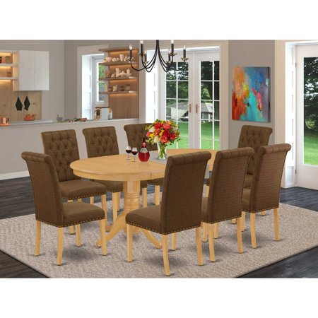 VABR9-OAK-18 9Pc Dining Set Includes an Oval Dining Table with Butterfly Leaf and Eight Parson Chairs with Dark Coffee Fabric Oak Finish