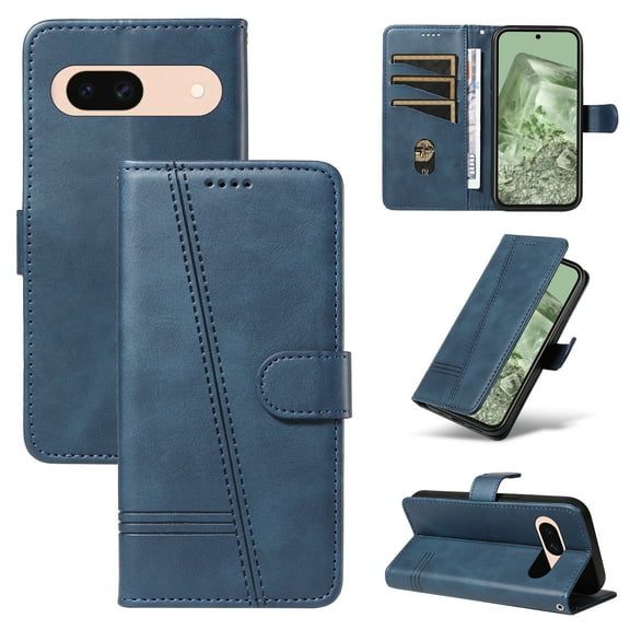 for Google Pixel 9a Case Wallet for Men Women, Flip Folio Cover with PU Leather Kickstand Credit Card Slots Magnetic Wrist Strap Kickstand Protective Shockproof Phone Case Cover, Blue