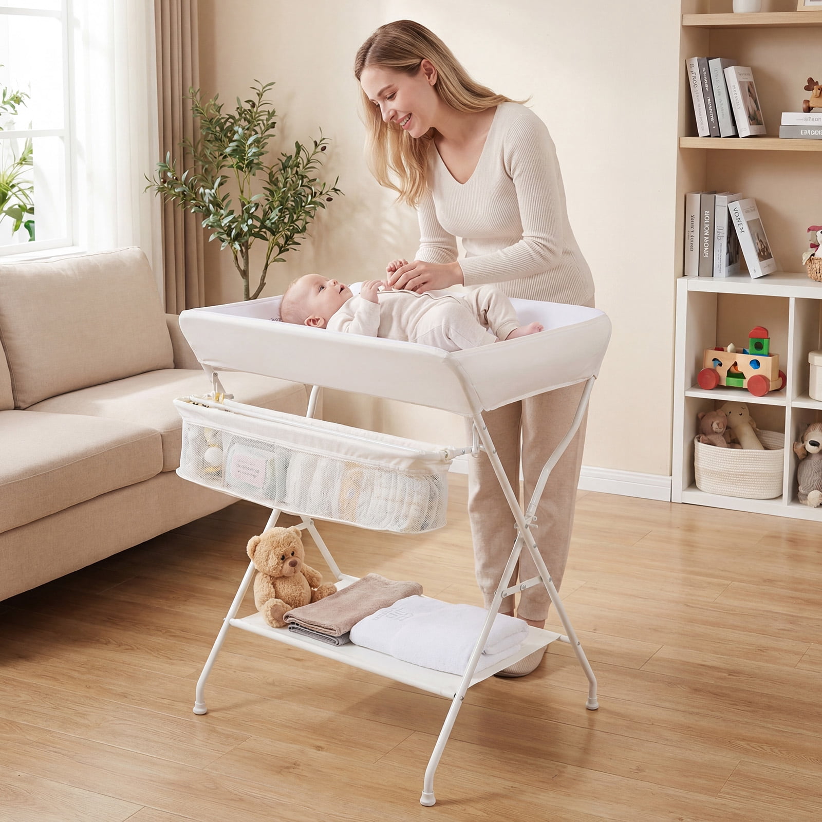 Costway Infant Baby Changing Table Folding Diaper Station Organizer with Storage Beige