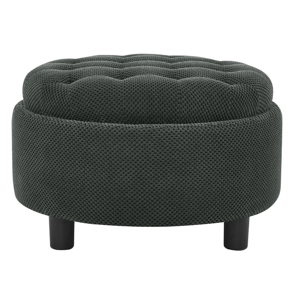 CQSXDA Versatile Upholstered 25 Inch Round Ottoman with Removable Top and Tray for Coffee Table Use in Living Rooms and Bedrooms, Dark Grey