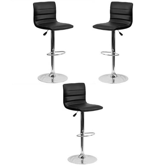 Home Square 25" to 33" Striped Bar Stool in Black with Chrome Base - Set of 3