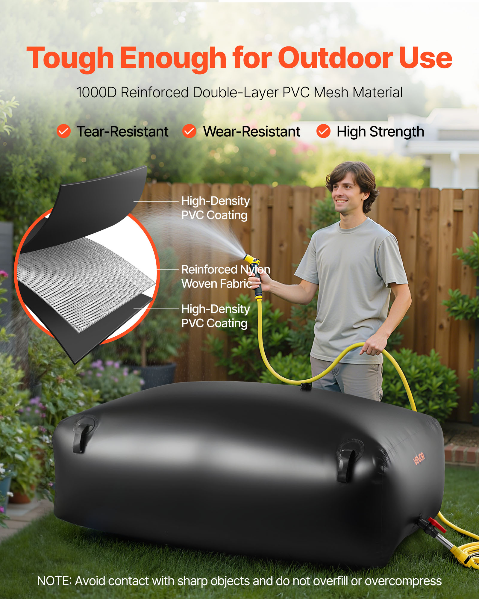 VEVOR Water Storage Bladder, 264.2 Gal Collapsible Water Storage Bag, Wear-Resistant 1000D PVC Soft Waters Bag, Leakproof Camping Tank Containers for Garden Irrigation RV Emergency Use, Black