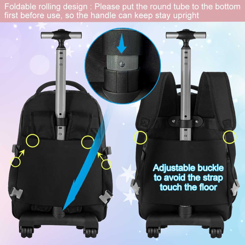 AGSDON Rolling Backpack for Girls Women, 21 inch Roller Wheels School Bookbag, Wheeled Suitcase Backpacks with Lunch Bag for Teen - Black