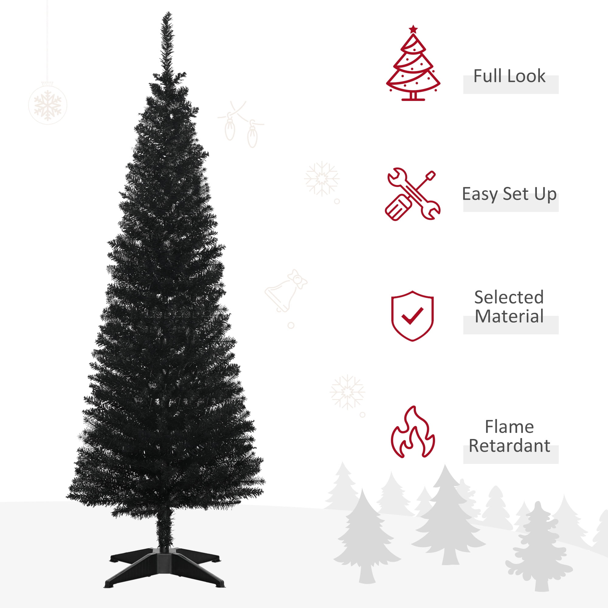 5FT Black Slim Pencil Artificial Christmas Tree, 294 Plastic Branch Tips, Detachable Sturdy Plastic Base, Easy Storage, Indoor Holiday Decor