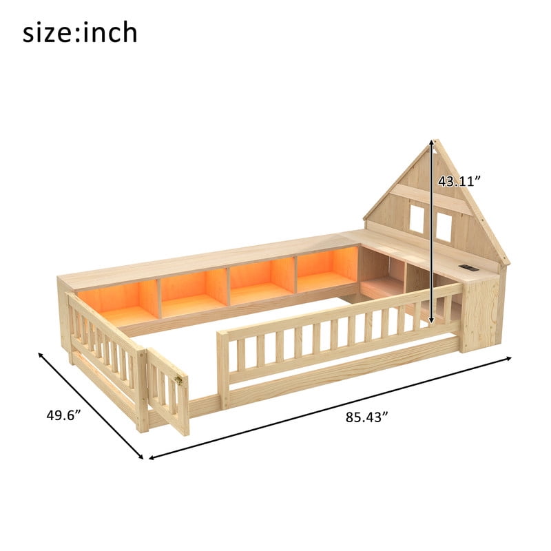 Twin Size Wood Floor Bed with Guardrail & Small Door, House-Shaped Bookcase Headboard Kids Platform Storage Bed with LED & Outlet