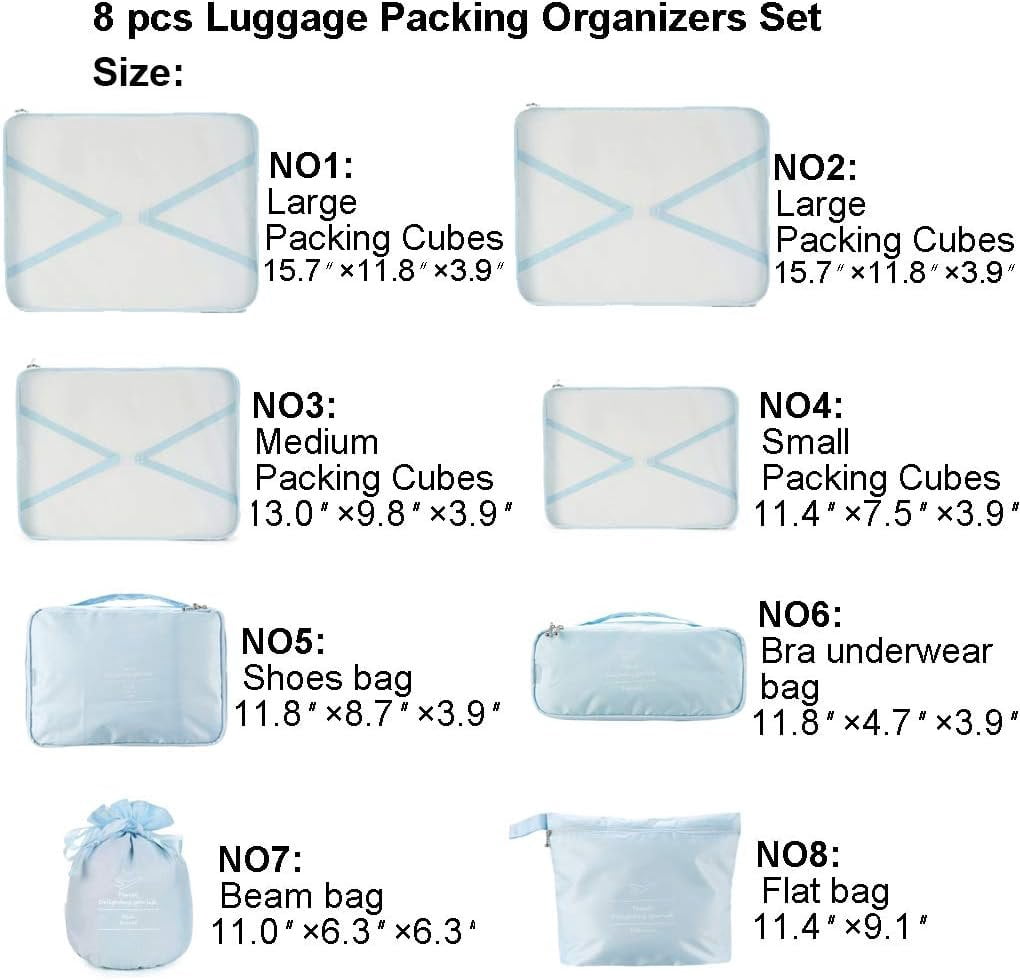 Travel Packing Cubes 8 count Set, Luggage Packing Organizers with Shoe Bag and Toiletry Bag