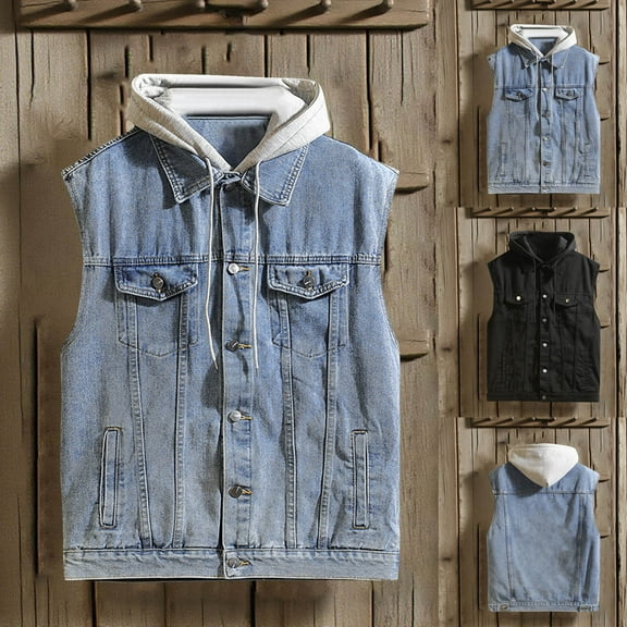 DDAPJ pyju Men's Hooded Denim Vest Sleeveless Jean Trucker Jacket Western Cowboy Vests Hipster Casual Streetwear Tops Black XL