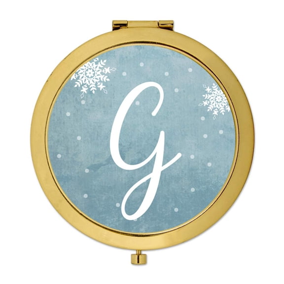 Koyal Wholesale Gold Compact Mirror Bridesmaid's Wedding Gift, Blue Winter Snowflakes, Monogram Letter G, 1-Pack