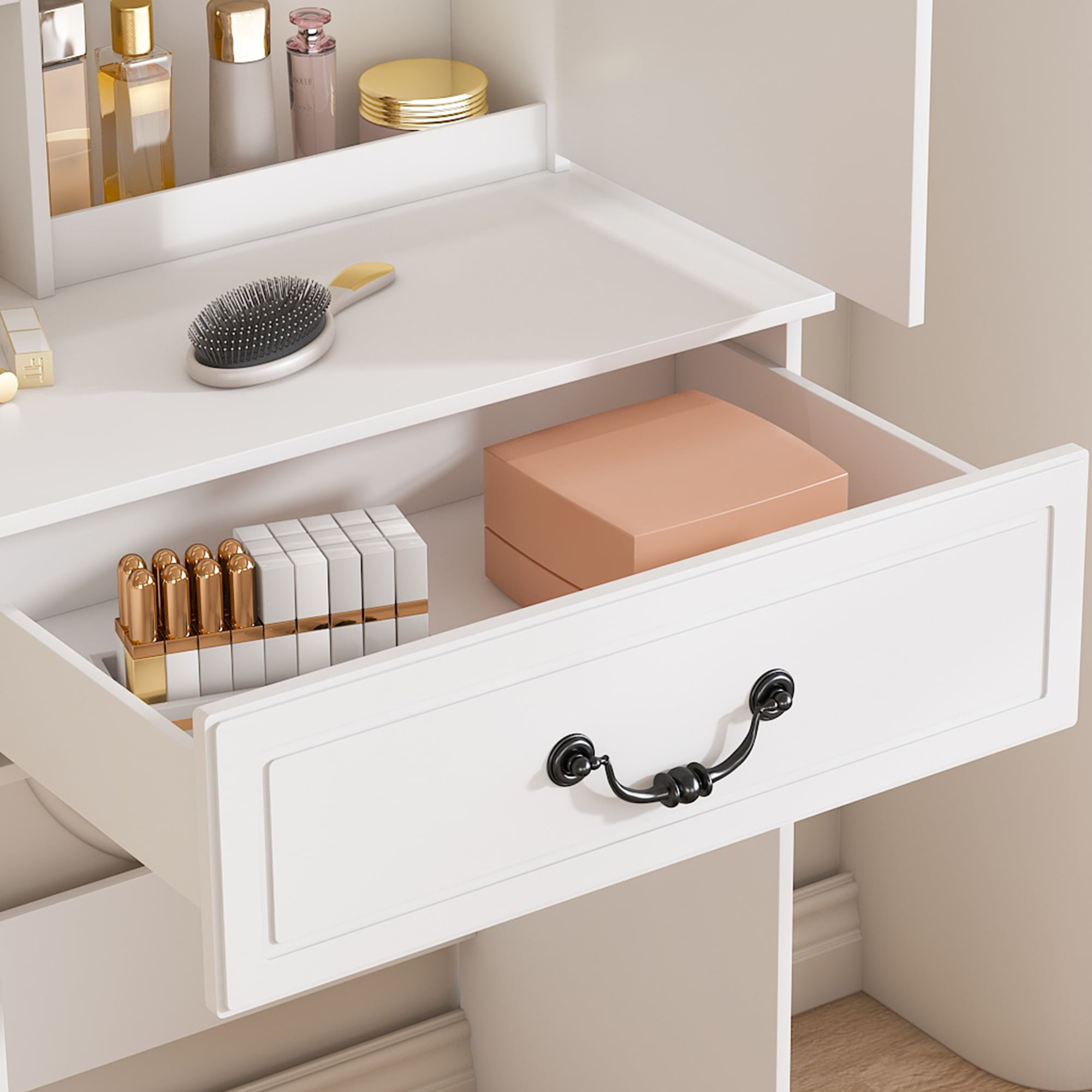 Yoneston Mini Makeup Vanity Desk Set with Mirror and Adjustable LED Lights, Hidden Storage Vanity Table with Cushioned Chair and 2 Drawers for Bedrooms, White