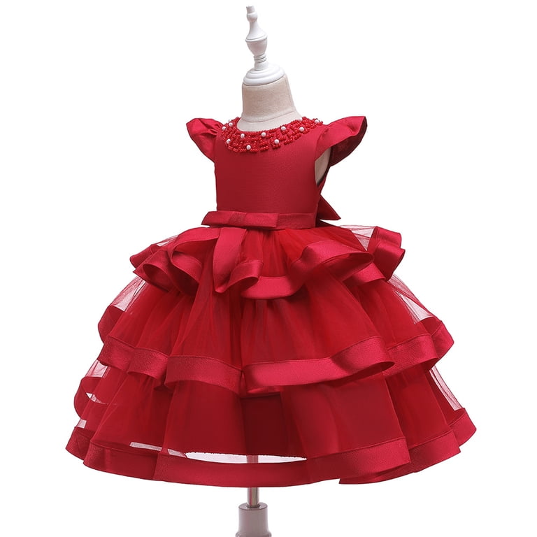 4T- Girl red ruffle dress without sleeve and pearls for wedding, pageant,  graduation, birthday ages 4 years old. - Walmart.com