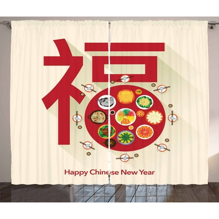 Living Room Dinner Ideas Chinese New Year Curtains 2 Panels Set, Festive Lunar Dinner Table Full of Traditional Food for the Family Reunion, Window Drapes for Living Room Bedroom, 108W X 84L Inches, Multicolor, by Ambesonne ()