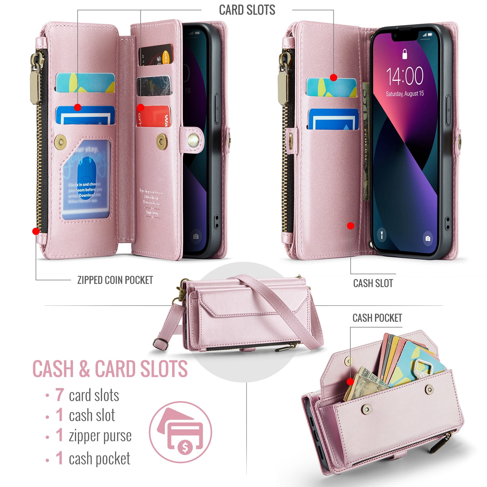 Compatible with iPhone 15 Plus 6.7 inch Zipper Wallet Phone Case Tempered Glass Screen Protector Crossbody Lanyard Strap Flip Card Holder Slot Cell Cover for i Phone15 15+ i15+ 15Plus Women Rose Gold