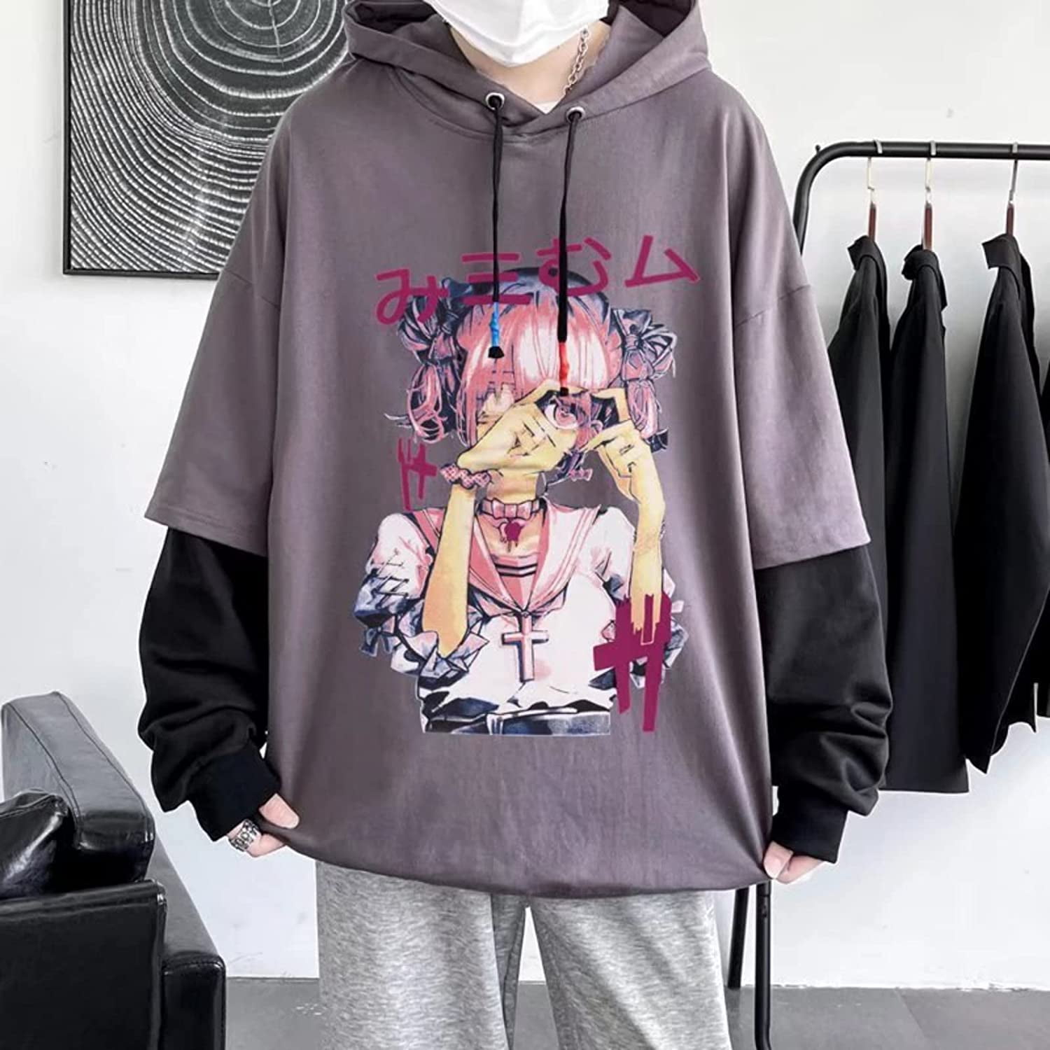 CoCopeaunt Men Y2K Harajuku Hoodie Japanese Anime Manga Print Fake Two Piece  Aesthetic Hooded Sweatshirt Cartoon Street Pullover 