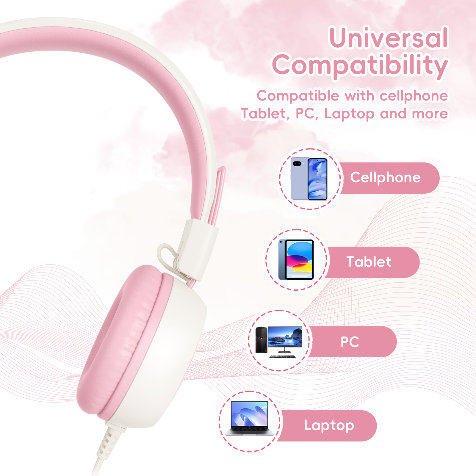 KVIDIO Kids Wired Headphones with Safe Volume Limiter, Pink photo 5