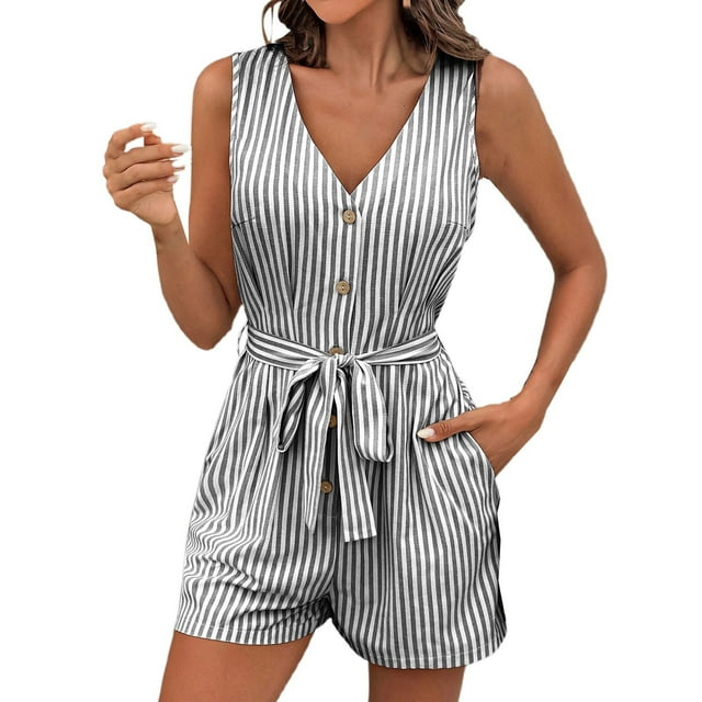 Combinaison Sans Manches à Col en V pour Femmes avec Ceinture à Nouer à la Taille - Combinaison Décontractée pour Vacances - Tenue Rayée Été Printemps - Tailles P-TG