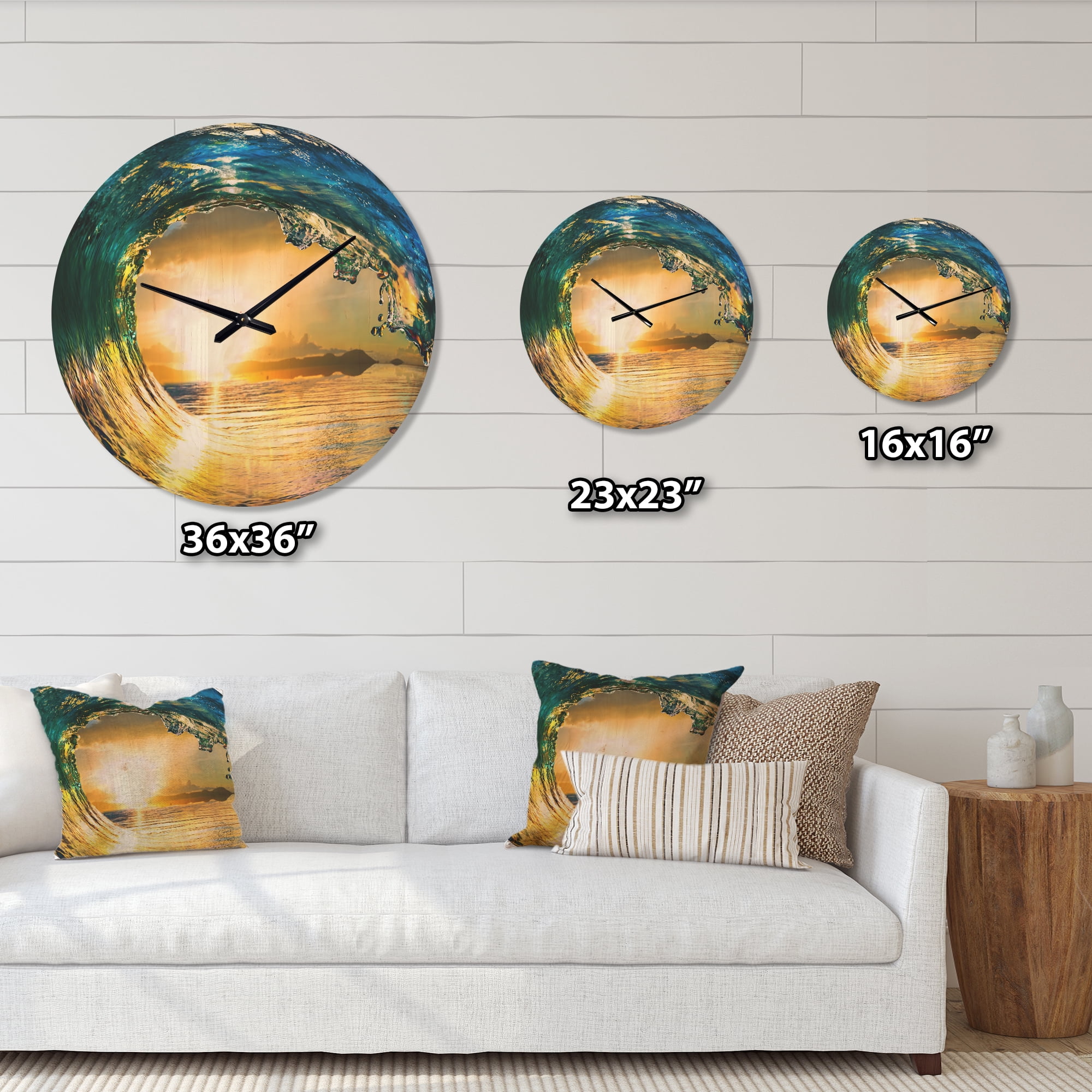 Designart 'Colored Ocean Waves Falling Down At Sunset II' Nautical & Coastal Wood Wall Clock