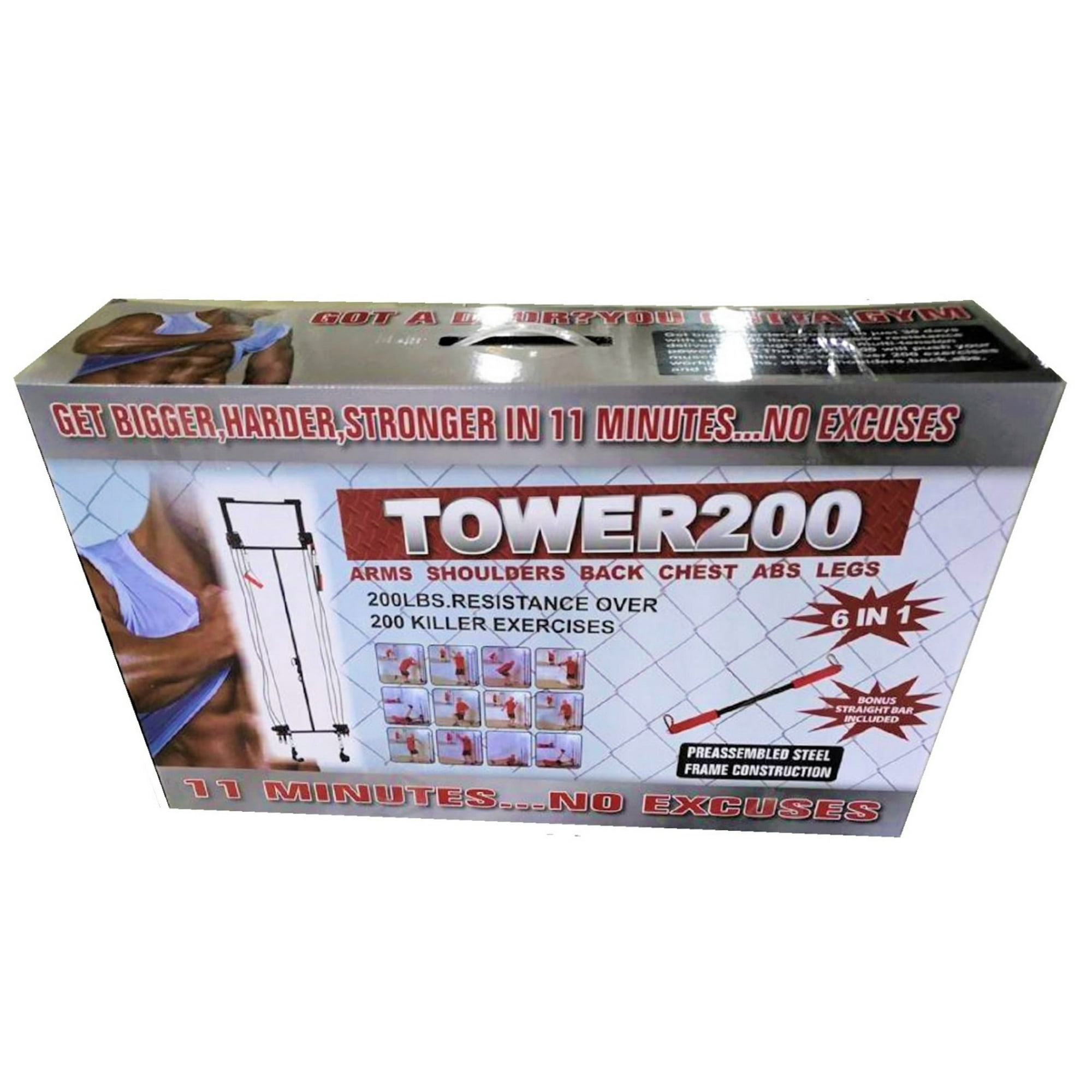 Tower 200 Home Gym Complete Door Gym Full Body Workout Multi Gym Doorway Fitness Exercise Gym Strength Training Includes Heavy Resistance Bands Squat Bar 2X Padded Handles 2X Ankles Straps DVD