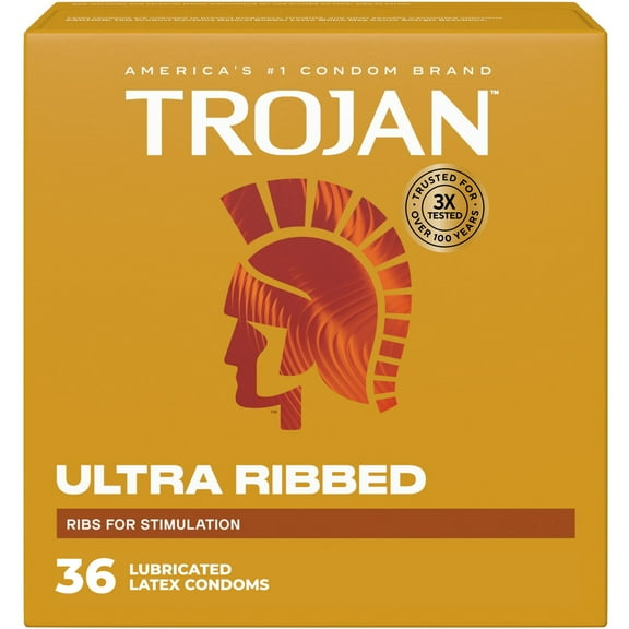 Trojan Ultra Ribbed Premium Latex Lubricated Thin Condoms for Men, 36 Count