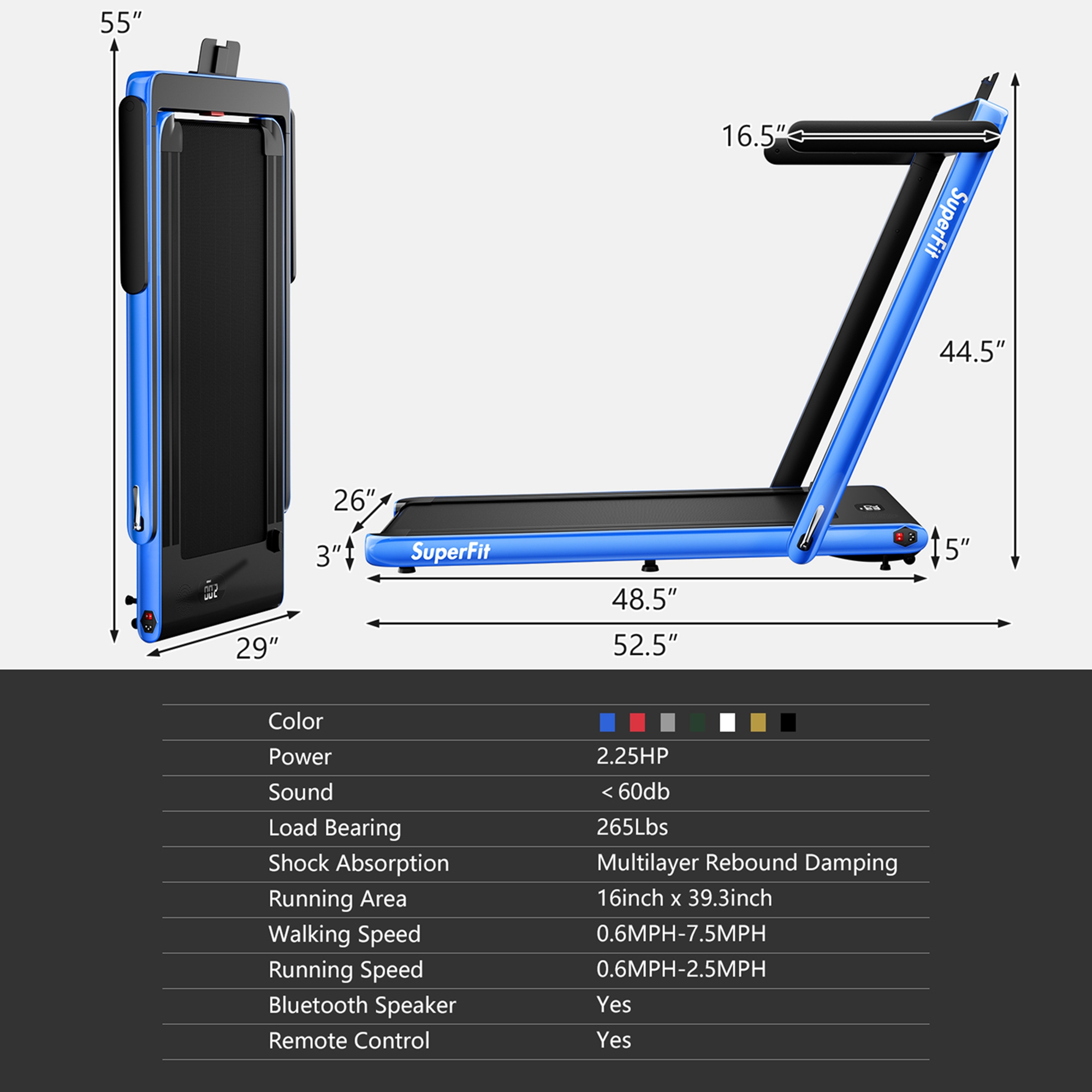 SuperFit Up To 7.5MPH 2.25HP 2 in 1 Single Display Screen Folding Treadmill W/ APP Control Speaker Remote Control Blue - image 10 of 10
