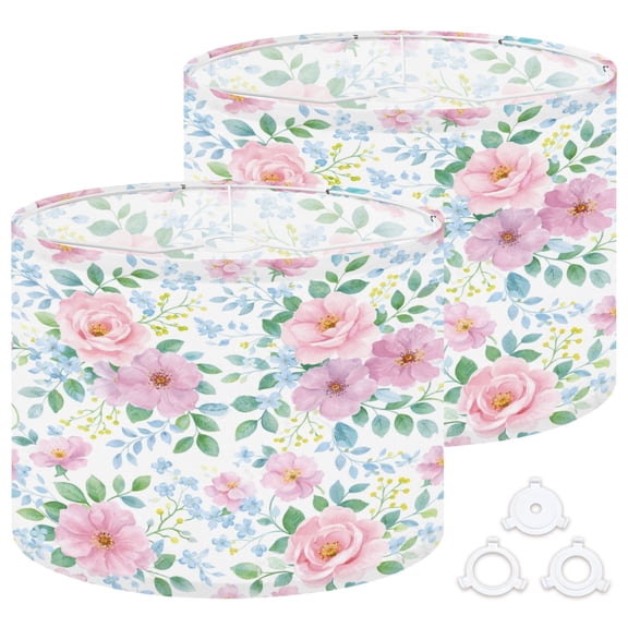 Lamp Shades Set of 2 Easy Assembly Pink Watercolor Floral Roses Soft Pastel Flowers Green Leaves Drum Lampshades for Table Lamps Floor Lamps Pendant Light 13"x13"x10" Replacement Lamp Shade